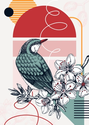 Collage-style bird cards set. Sketched birds trendy poster collection. Creative designs with botanical illustrations, geometric shapes, and abstract elements for nature print, wall art, packaging. 